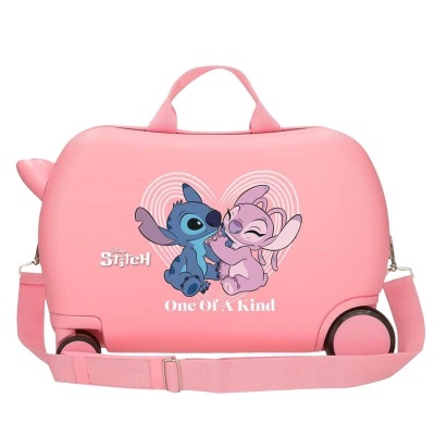 Mala rosa com personagens Stitch e Angel e texto One Of A Kind