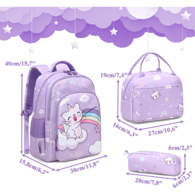 Conjunto Escolar - Mochila + lancheira térmica + porta-lápis - Gatinha Lilãs