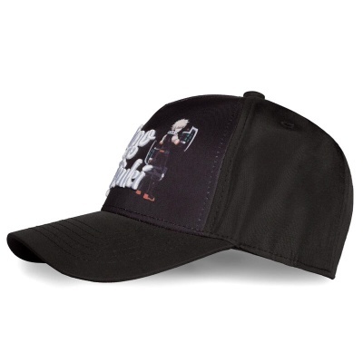 Boné preto com estampa frontal de personagem e texto branco