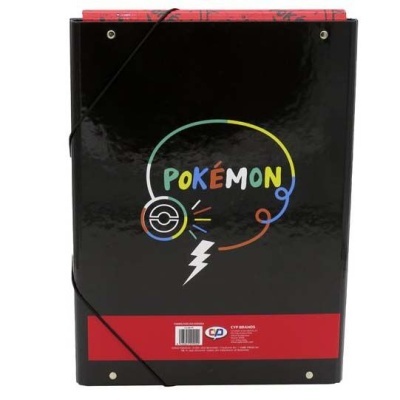 Pasta preta com logotipo Pokémon colorido e desenho estilizado