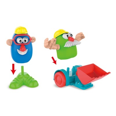 Dois brinquedos coloridos de rostos com capacetes amarelos e peças desmontáveis para pés ou veículo azul com pá vermelha.