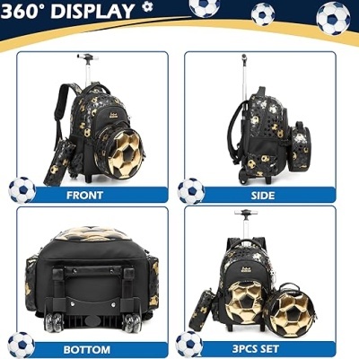 Mochila preta com padrão dourado tipo bola de futebol, rodas e estojo redondo