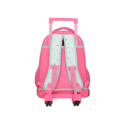 Mochila de rodinhas cor-de-rosa com alças azuis claras com padrões florais