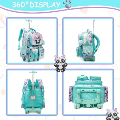 Mochila de criança azul e lilás com padrão de panda e rodinhas vista de quatro ângulos