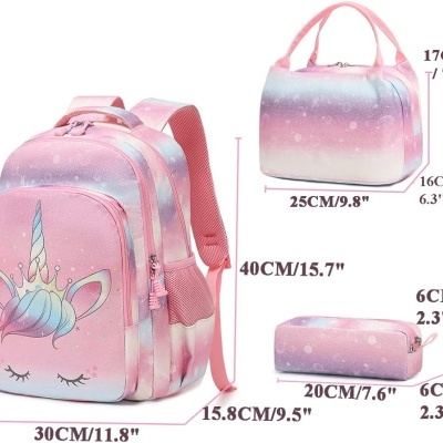 Conjunto Escolar - Mochila + lancheira térmica + porta-lápis - Unicórnio rosa arco-íris