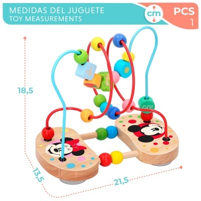 Brinquedo de madeira com contas coloridas e figura da Minnie