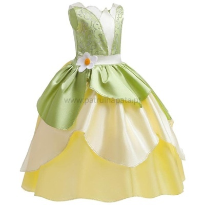 Vestido de criança verde e amarelo com flor decorativa na cintura