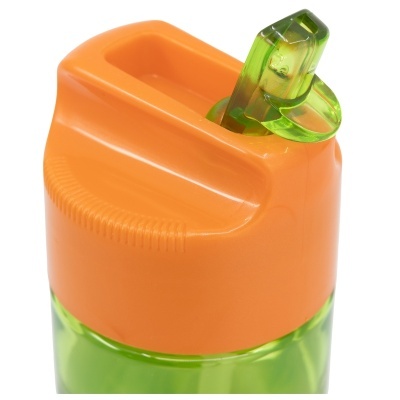 Garrafa desportiva de plástico com tampa laranja e bocal verde