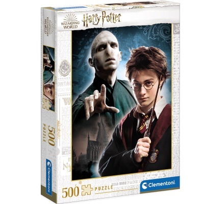 Puzzle de Harry Potter com 500 peças, personagens Voldemort e Harry Potter na embalagem
