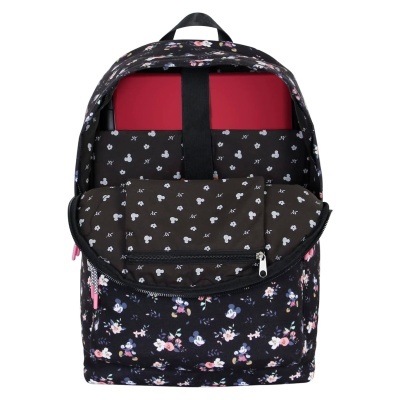 Mochila preta com padrão floral colorido e compartimentos abertos