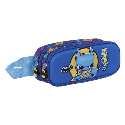 Estojos azuis com desenho cartoon do Batman e alça azul