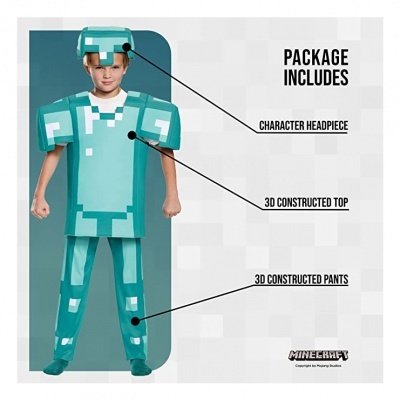 Fantasia Minecraft com capacete, peito e calças 3D, azul e branco