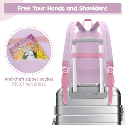 Mochila cor-de-rosa com bolso anti-roubo e alças fixas a mala prateada