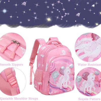 Mochila cor-de-rosa com unicórnio e características destacadas