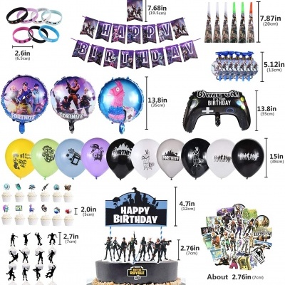 Conjunto de decoração de festa Fortnite com balões, faixa, topo de bolo, velas, pulseiras e adesivos.