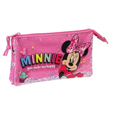 Estojo escolar rosa com Minnie Mouse e texto colorido