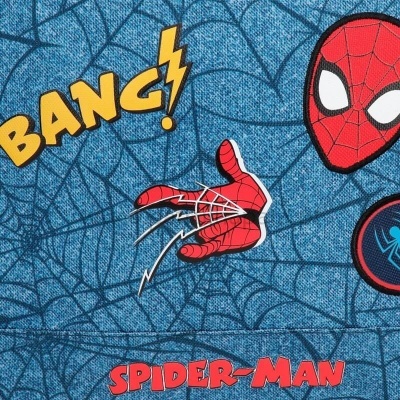 Tecido azul com padrão de teias e elementos do Homem-Aranha com texto BANG! e SPIDER-MAN