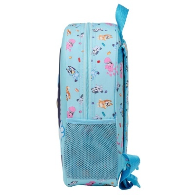 Mochila infantil azul claro com desenhos animados e bolso lateral em rede