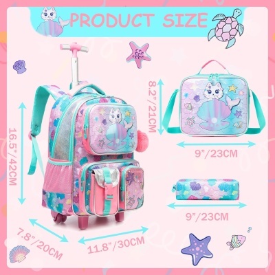 Conjunto Escolar Trolley Gatinha Sereia - Trolley + lancheira + porta-lápis