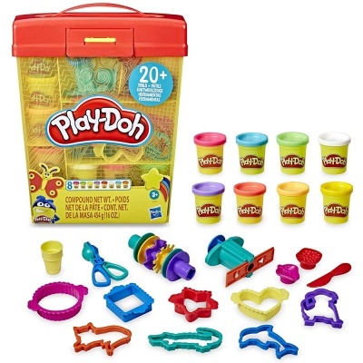 Conjunto Play-Doh com 8 potes coloridos e acessórios em estojo amarelo com tampa vermelha