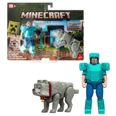 Figura Minecraft com personagem e cão cinzento articulados em caixa transparente