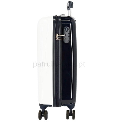 Mala de viagem rígida branca e preta com rodas