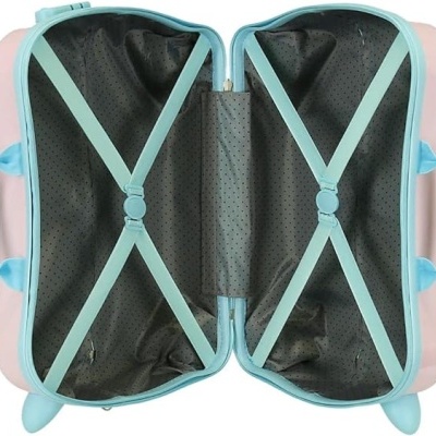 Mala de viagem rosa e azul claro aberta mostrando interior preto com cintas elásticas azuis