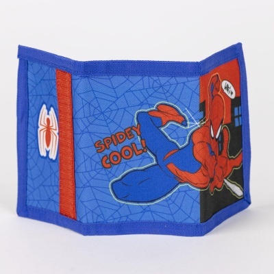 Carteira azul com desenho do Homem-Aranha e texto SPIDEY COOL!