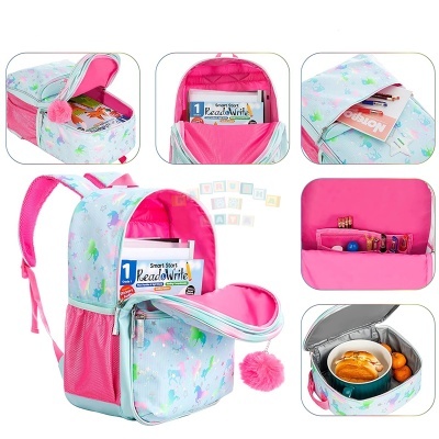 Mochila infantil estampada com unicórnios, detalhes rosa e lancheira termo com comida