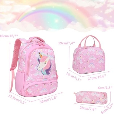 Conjunto Escolar Unicórnio - Mochila + lancheira + porta-lápis