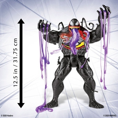 Figura de ação Venom com língua longa e líquido roxo escorrendo das mãos