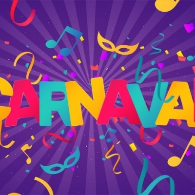 Palavra CARNAVAL colorida com máscaras, notas musicais e confetes num fundo roxo