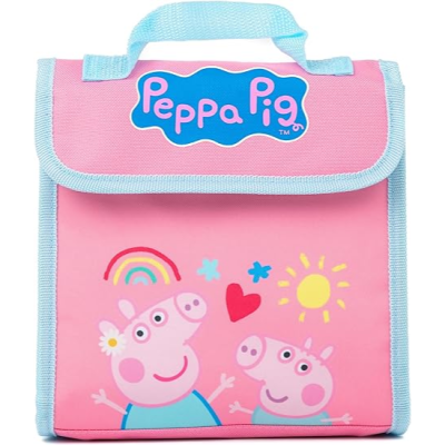 Bolsa térmica rosa com bordas e alça azuis, estampa de Peppa Pig e texto Peppa Pig no topo