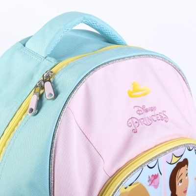 Mochila infantil Disney Princess azul, rosa e amarelo com bolso frontal ilustrado e fechos de correr duplos