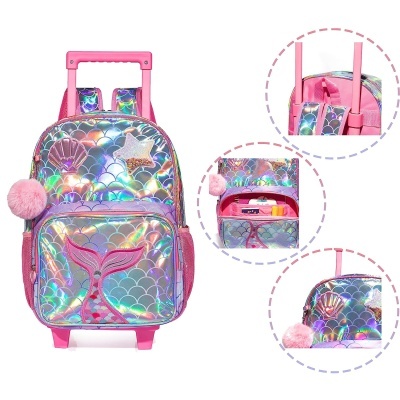 Mochila com carrinho rosa holográfico com padrão de escamas e pompom