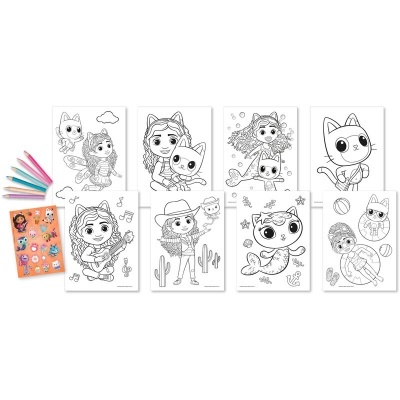 Conjunto de páginas para colorir com personagens e lápis de cor