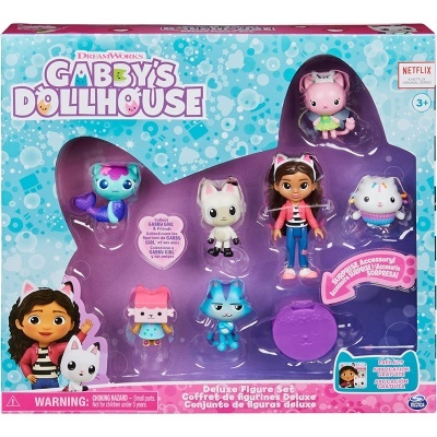 Conjunto de figuras Deluxe Gabby's Dollhouse com personagens coloridos em embalagem azul e rosa