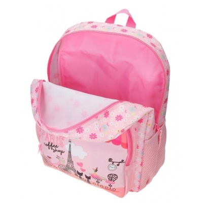 Mochila infantil rosa com padrão de flores, Torre Eiffel e bolsa frontal com texto 'coffee shop'