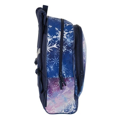 Mochila azul e roxa com padrão de flocos de neve e zíperes