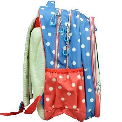 Mochila escolar azul e coral com bolinhas brancas