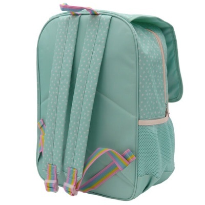 Mochila verde água com pequenos corações e alças multicoloridas vista de trás