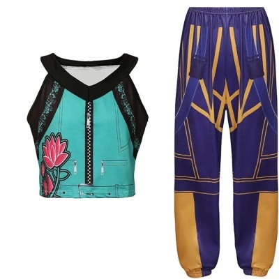 Conjunto de top curto e calças compridas com padrões coloridos