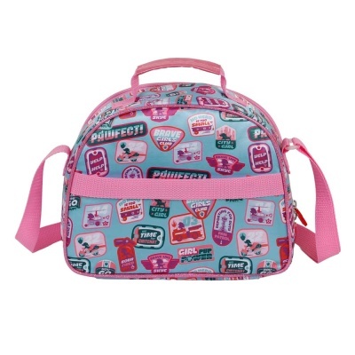 Mala infantil azul e rosa com desenhos e palavras em inglês