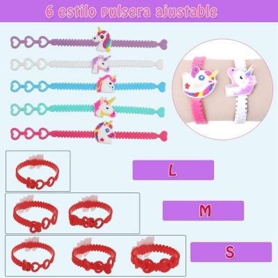 Pulseiras ajustáveis de silicone com figuras de unicórnios coloridos sobre fundo lilás