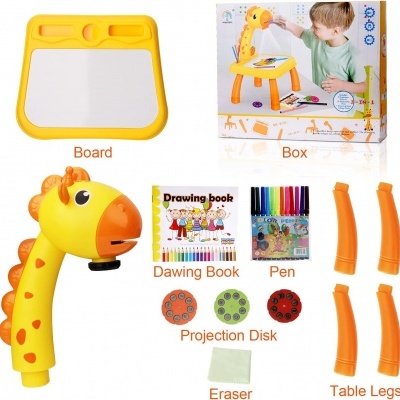 Conjunto de mesa infantil amarelo de girafa com acessórios e embalagem