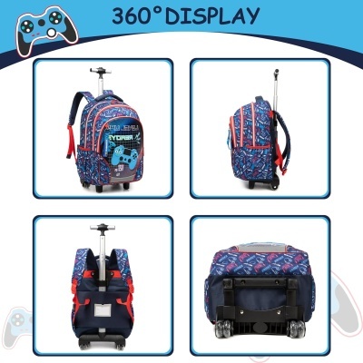 Mochila infantil com rodas e pega extensível, padrão de comandos de videojogo azul e vermelho