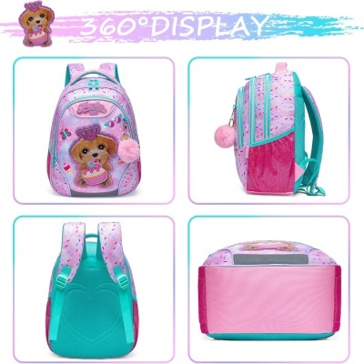 Mochila infantil rosa e turquesa com desenho de cão e pompom vista de vários ângulos