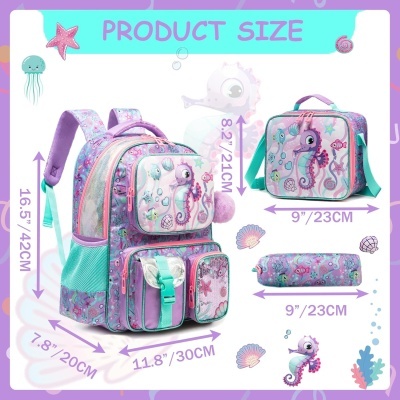 Conjunto Escolar Cavalo Marinho - Mochila + lancheira + porta-lápis