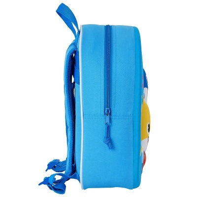 Mochila infantil azul vista de perfil com fecho e alças azuis