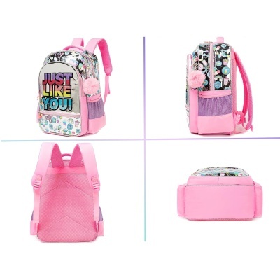 Mochila rosa infantil com texto colorido e pompom